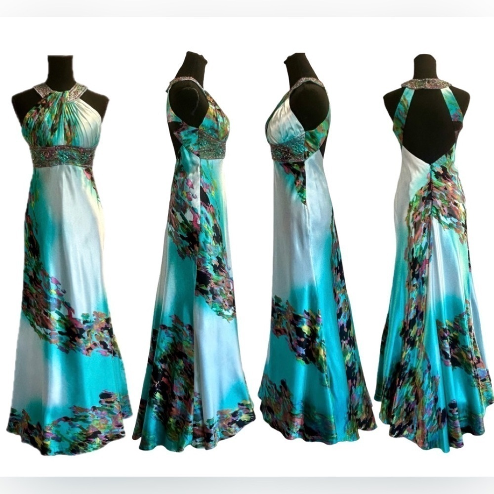 Laura Petites blue multicoloured sequin beaded pleated halter prom maxi gown 2P